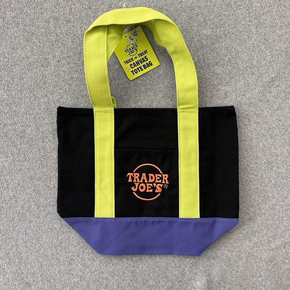 Trader Joes Trick or Treat Canvas Tote Bag Black Lime Green Purple Halloween NWT